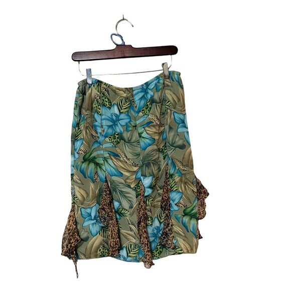 Sunny Leigh Dresses & Skirts - Sunny Leigh Womens Tropical Print Silk Skirt With Leopard Trim Size M Multicolor